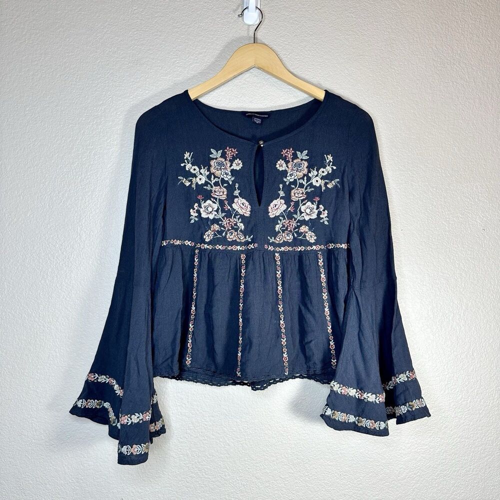 American Eagle XS Navy Embroidered Peasant Top Boho Bell Floral Bell Sleeve